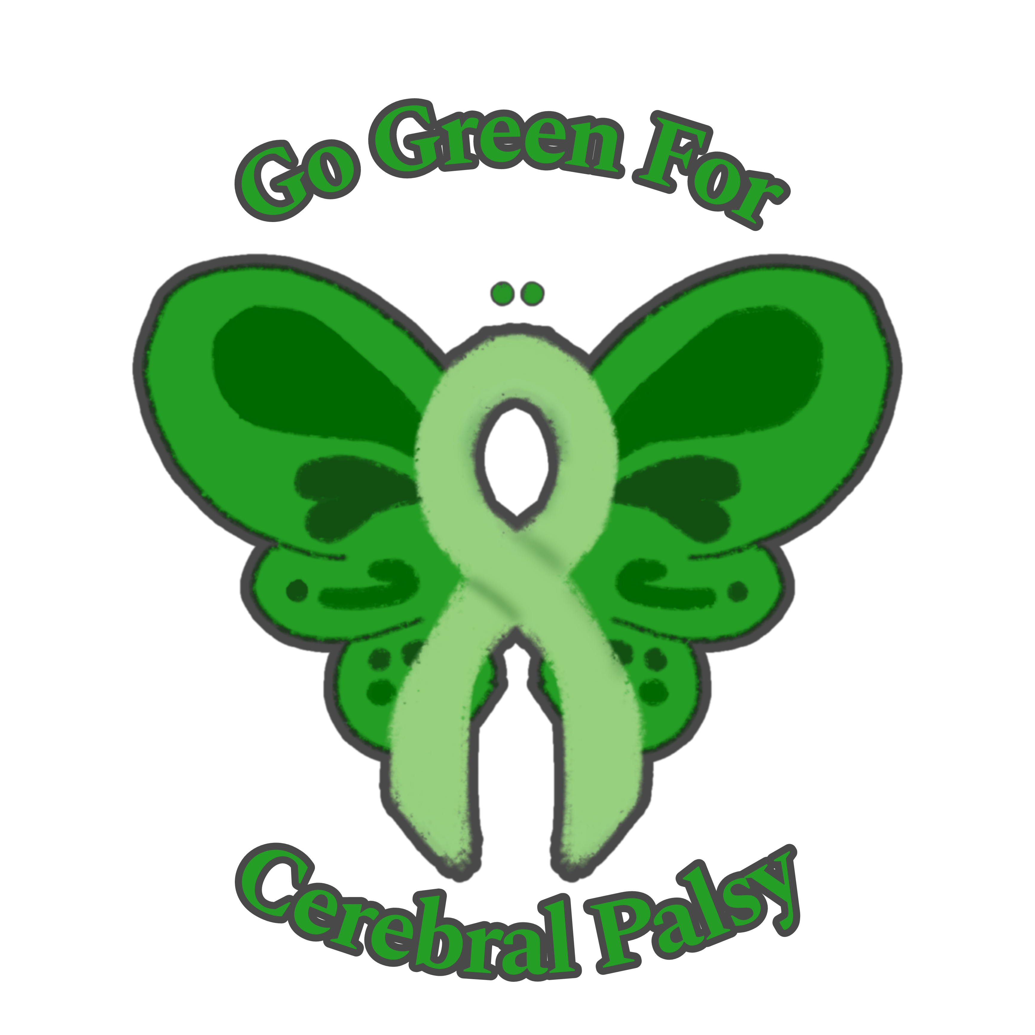 a green butterfly incorporating an awareness ribbon in its design, with the text Go Green For Cerebral Palsy arched above and below the butterfly in green. 